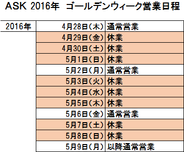 ゴールデンウィークの営業日程について